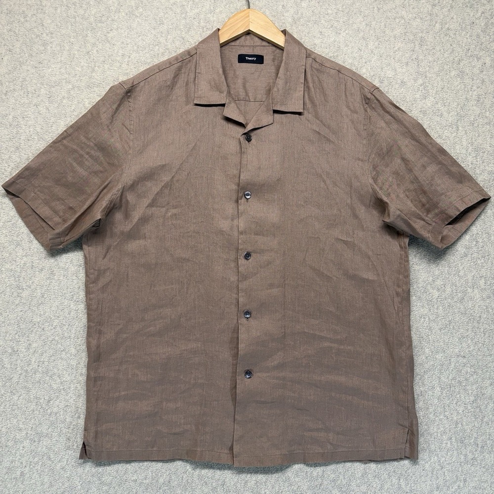 Theory Daze Precise Linen Camp Collar Short‎ Sleeve Shirt Brown XL